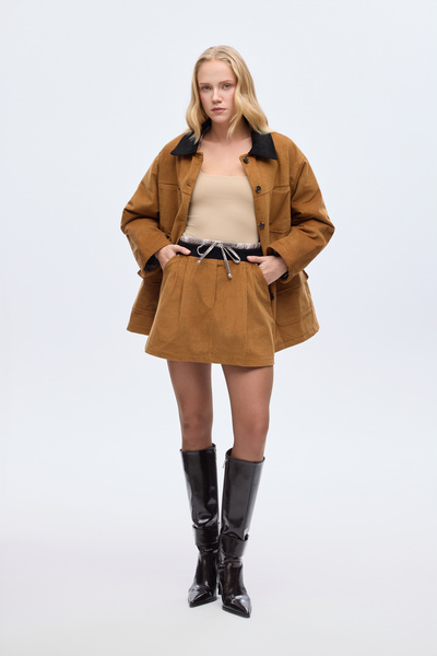 Quzu Plaid Lace-Up Velvet Mini Skirt Brown