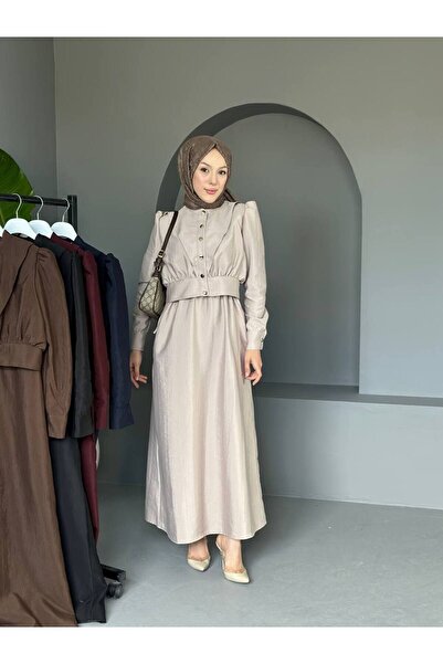 comstar Women's Gathered Balloon Sleeve Button Long Dress