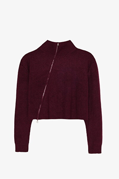 Quzu Asymmetrical Zippered Knitwear Sweater Plum