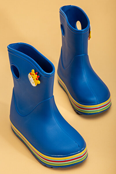 PLN SHOES Mavi Koko Çocuk Yağmur Çizmesi Tabanı Yünlü Renkli Sargılı Su Geçirmez