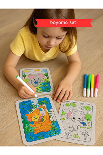 Pembe Yayınevi Hayvanlar Puzzle Boyama - Çocuklar İçin Boyama Seti