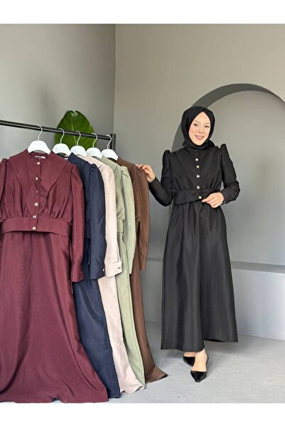 comstar Women's Gathered Balloon Sleeve Button Long Dress