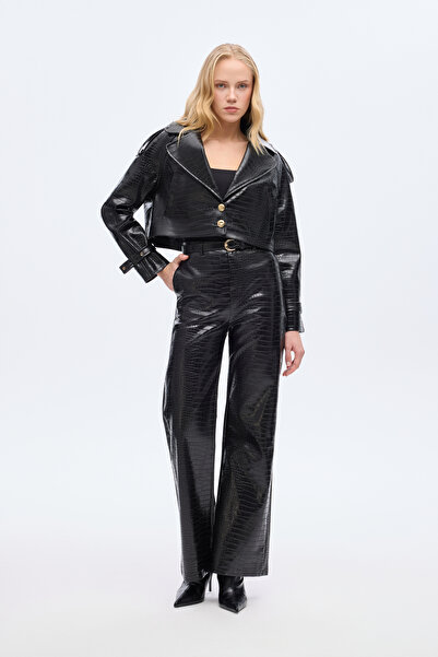 Quzu Crocodile Patterned Wide Leg Leather Trousers Black
