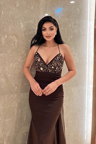 giyimmasalı Βραδινό φόρεμα από ύφασμα τούλι με λεπτομέρεια από πέτρα και κορδόνι στην πλάτη - ΚΑΦΕ