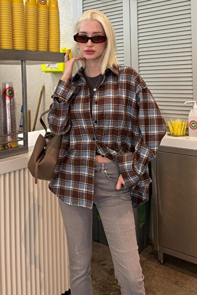 Madmext Bebe Mavisi Oversize Ekose Desenli Kadın Gömlek MG2589