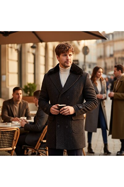 Frappoli Ανδρικό παλτό Edvino σε καφέ-μπλε ναυτικό χρώμα με χοντρό μονό γιακά διπλό πέτο εφαρμοστό