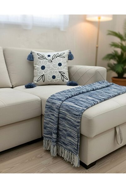 ON-ARS TEKSTİL Decorative Floral Pattern Throw Pillow Cover Blue – Tasseled, Modern Stylish Design, 43X43 cm