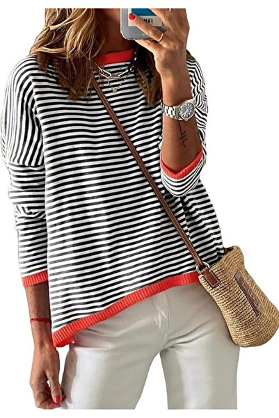 OEM Bluză lejeră pentru femei, pulover fin, dungi negre M