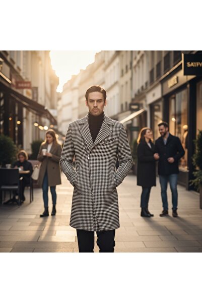 Frappoli Мъжко дълго палто с цип, черно-бяло, с шарки
