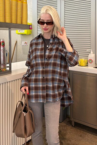 Madmext Bebe Mavisi Oversize Ekose Desenli Kadın Gömlek MG2589