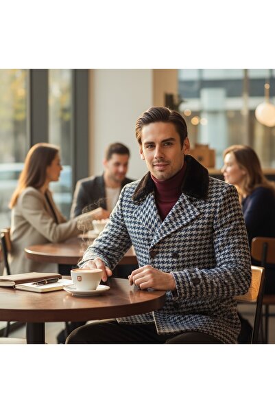 Frappoli Χοντρό ανδρικό παλτό με μοτίβο με οπή Slim Fit