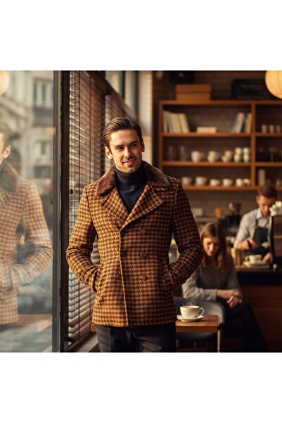 Frappoli Kalın Erkek Kaşe Kaban Kuşgözü Desenli Slim Fit