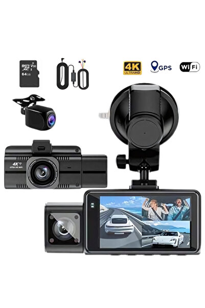QOVU Cameră auto DVR triplă 4K, Card 64GB, Kit Parcare, GPS, Wifi, Senzor Coliziune
