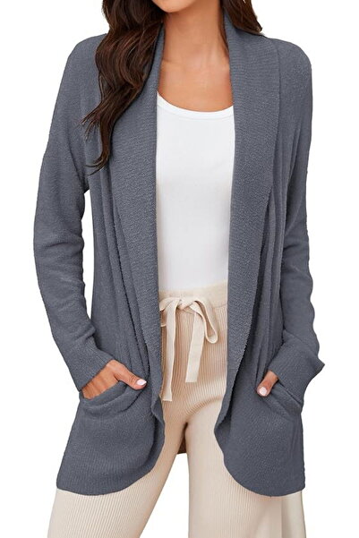 OEM Women's cardigan - Long, elegant blouse with long sleeves and pockets BLU...