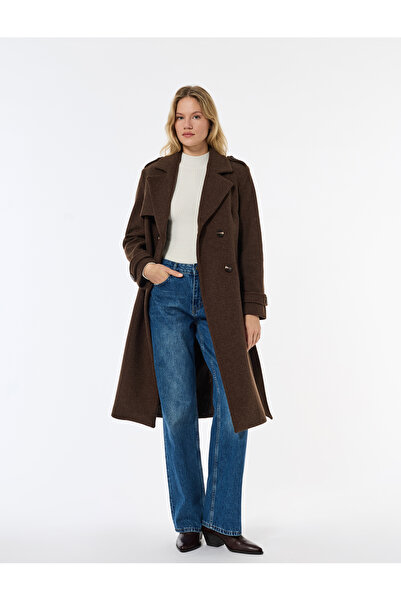 Koton Trench Coat cu buzunare cu broderie cu centură cu două rânduri de nasturi cu mânecă lungă