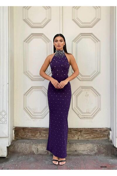 Modafeminen Βραδινό φόρεμα με μακρυμάνικο υφασμάτινο κρεπ με λεπτομέρεια από πέτρα και πέρλες 583330 ΜΩΒ