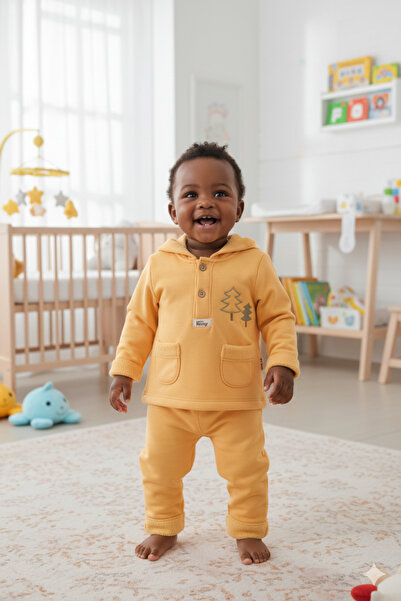 Mini Baray Baby Boy Pine Tree Embroidered Hooded Kangaroo Top and Bottom Set ...