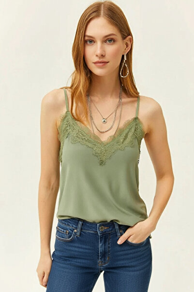 peralist Women's Khaki Lace Detailed Sandy Blouse with Adjustable Ring Straps