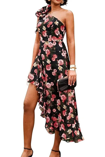 OEM Rochie lungă elegantă, pe un umăr, cu crăpături, fără mâneci, 2XL, flori ...