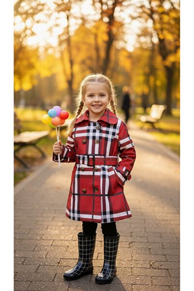 HC Kids Wear Kız Çocuk Kırmızı Kareli Trençkot