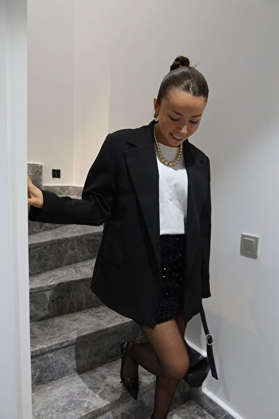 ESMA GÜL BUTİK Çift Cepli Siyah Kadın Blazer Ceket