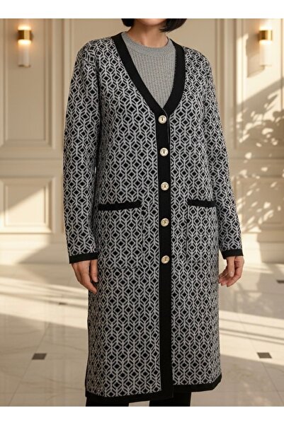 TEK Triko Triko Desenli Genç Anne Hırkası / Siyah&gri