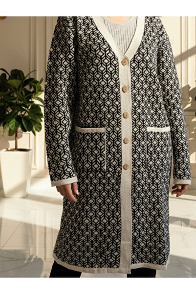 TEK Triko Desenli TEKTRİKO Genç Anne Hırkası / Krem Siyah