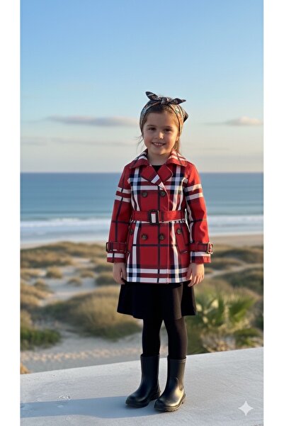 HC Kids Wear Kız Çocuk Kırmızı Kareli Trençkot
