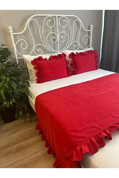 Decamor home Double Red Ruffle Bed Runner and Throw Pillow Set