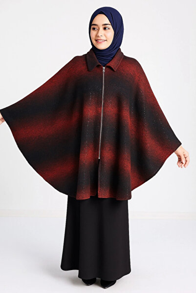 ayakuydur Kadın Siyah-Kırmızı Kışlık Panço