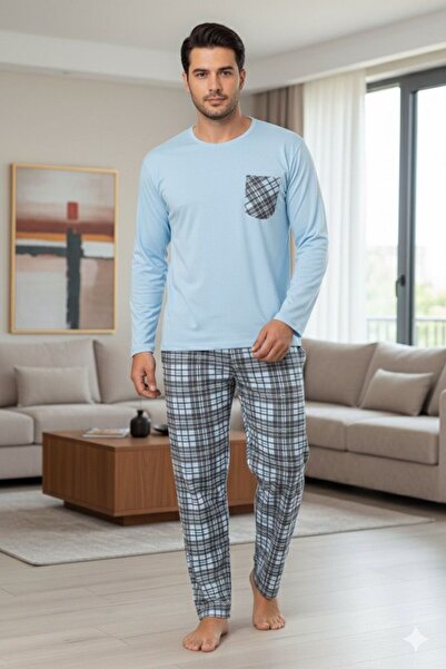 Sude HOMEWEAR Pánsky kockovaný pyžamový set s dlhým rukávom a vreckami