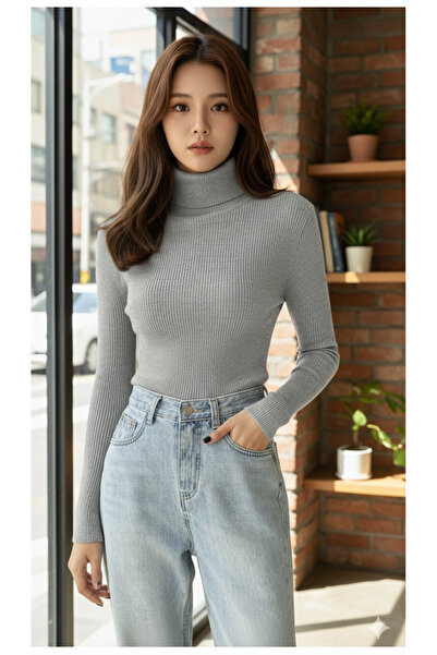 JAKARLI Pulover unisex, gri afumat, din bumbac, cu gât roscat