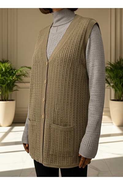 TEK Saç Örgü TEK TRİKO Merserize Anne Yeleği / Kum