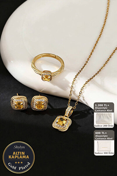 Shylyn 18K Gerçek Altın Kaplama Sarı Kedi Gözü Taşlı Takı Seti (Kolye, Küpe, ...