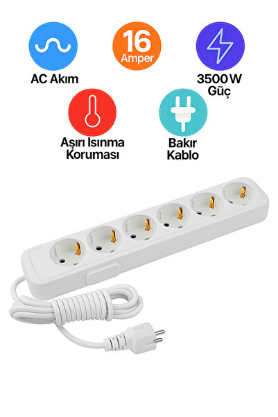 REYYEN 6’lı 5 Metre Grup Priz Bakır Uzatma Ara Kablosu