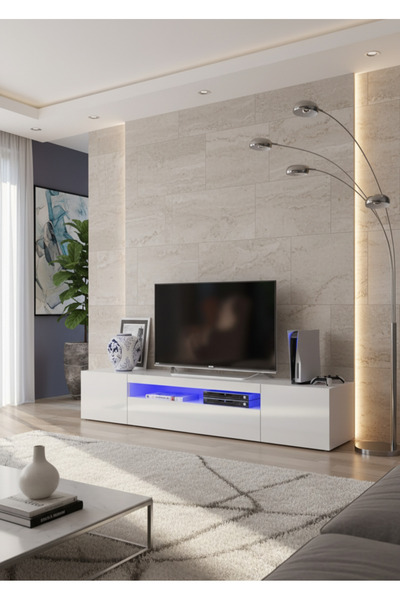 MAC DİZAYN Troy TV Ünitesi RGB LED Aydınlatmalı Modern MDF Tv Sehpası Beyaz