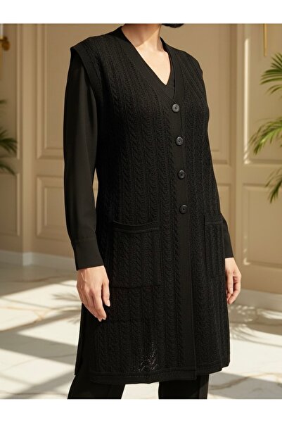 TEK Mevsimlik Merserize Anne Uzun Yelek / Siyah