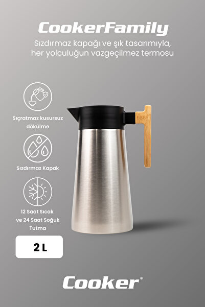 Cooker 2 Liter Stainless Steel Thermos with Bamboo Handle - for Picnic, Camping, Outdoor, Office, Hotel, Cafe, School