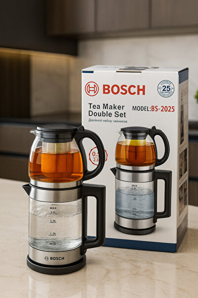 Bosch BS-2025 Çay Makinesi – Double Set | 2'li Cam & Çelik Demlik | 2.0 L Kettle