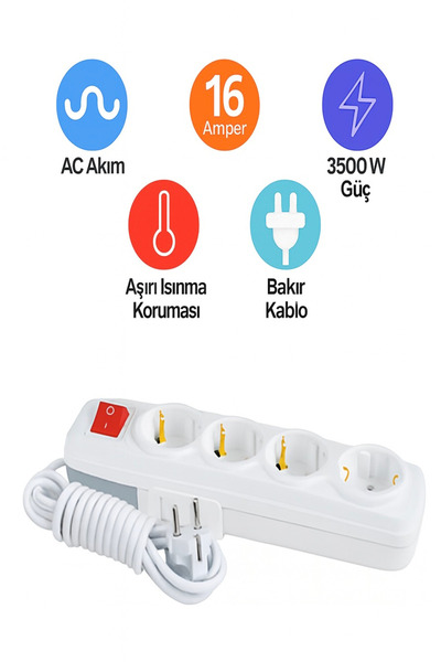 REYYEN 4'lü Anahtarlı 3 Metre Grup Priz Bakır Uzatma Ara Kablosu