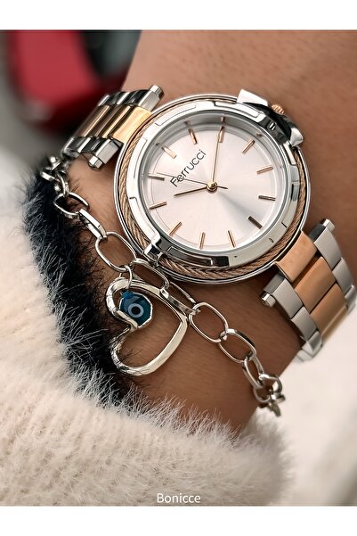 Ferrucci سوار ساعة يد نسائية بتصميم خاص من الفولاذ باللون الوردي