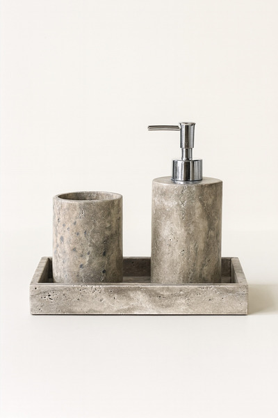 DMR HOME Natural Travertine Stone Bathroom Set – Liquid Soap Dispenser and Toothbrush Holder |   Minimal Luxury Design