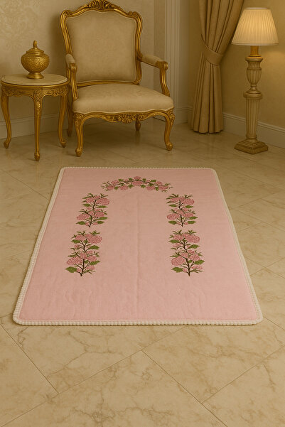 Çeyiz Bahçesi Kanaviçe Nakışlı Rose Seccade Pudra