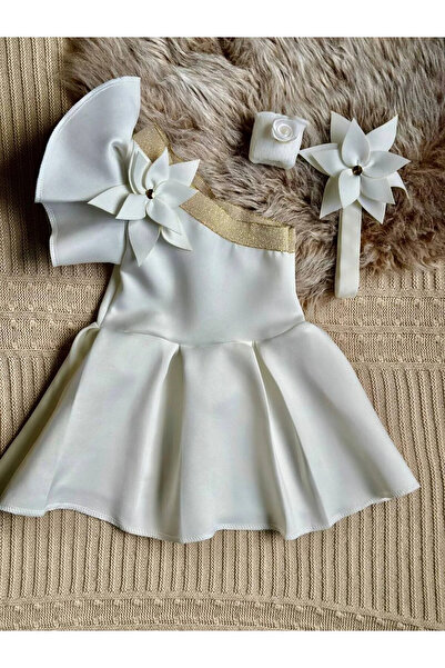 BİBEÇİK Κοριτσίστικο λευκό φλοράλ φόρεμα με ψηλό λαιμό