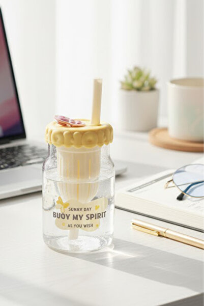 UCCO زجاجة مياه زجاجية منقوشة سعة 550 مل مع قش للشرب - كوب تقديم للحليب والما...