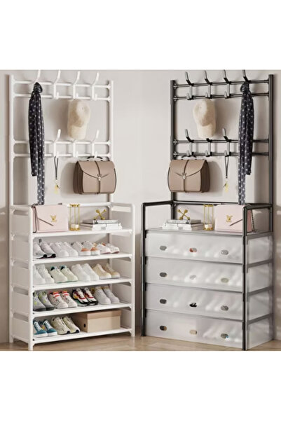 Miskat Trading 3-in-1 Shoe Organizer & Coat Rack, 57x35x168 cm, 4-Tier Shoe Rack with 8 Hooks