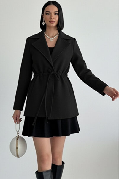 ALFUDO Moda Collection سترة/معطف من الكشمير بتصميم مريح مع تفاصيل ربط سوداء