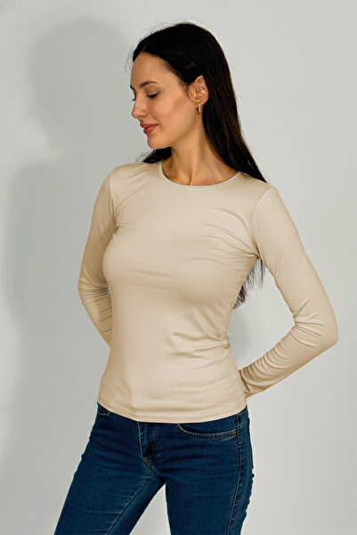 Betimoda Γυναικείο μακρυμάνικο σώμα με λαιμόκοψη μπεζ 1 τεμάχιο