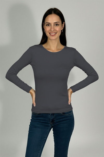 Betimoda Women's Long Sleeve Crew Neck Bodysuit Smoked 1 Piece