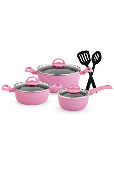 Newflon Neoflam Rose 8-Piece Cookware Set - Modern design in elegant pink color and transparent glass lid